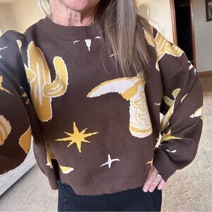 Cowboy up! Brown and Yellow Western Sweater- Size Small- Beverly